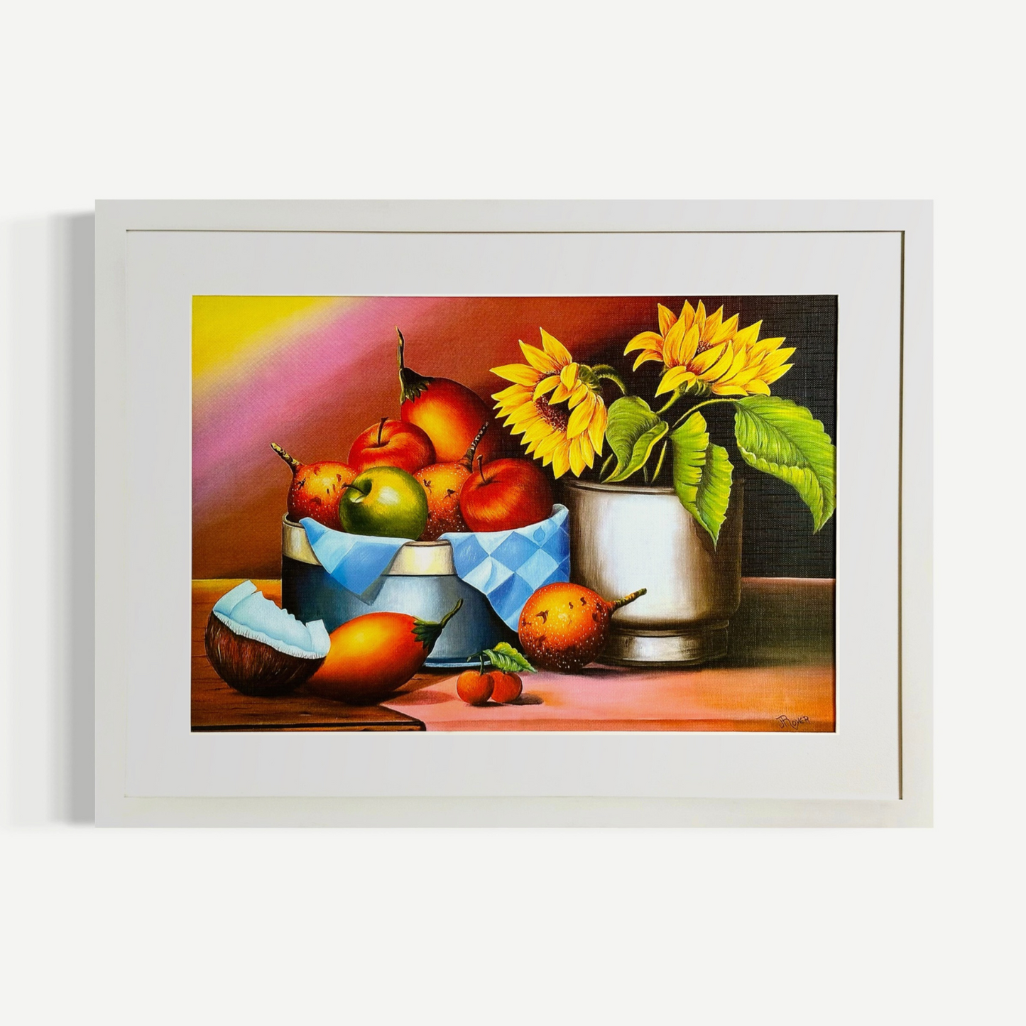 Dos girasoles y un cesto de frutas - Julio Royer