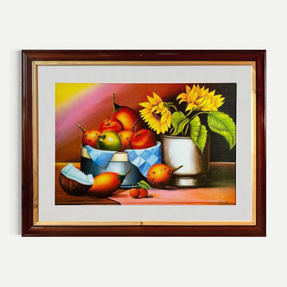 Dos girasoles y un cesto de frutas - Julio Royer