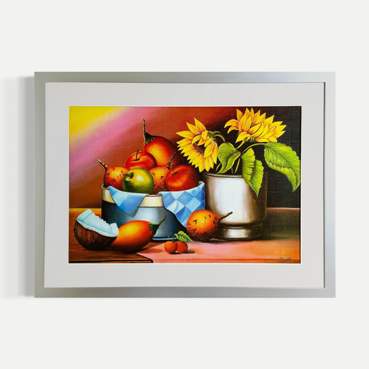 Dos girasoles y un cesto de frutas - Julio Royer